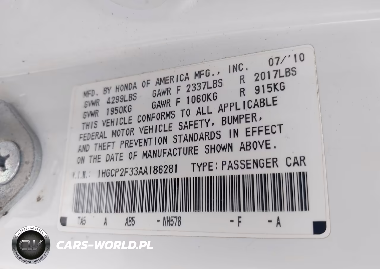 2010 Honda Accord 2.4 Lx VIN:1HGCP2F33AA186281 - 9