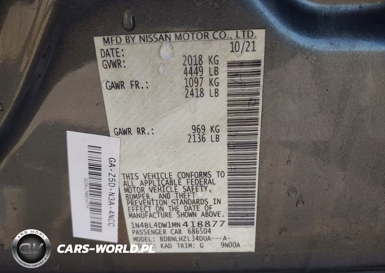 2021 Nissan Altima Sv Intelligent Awd VIN:1N4BL4DW1MN418877 - 9