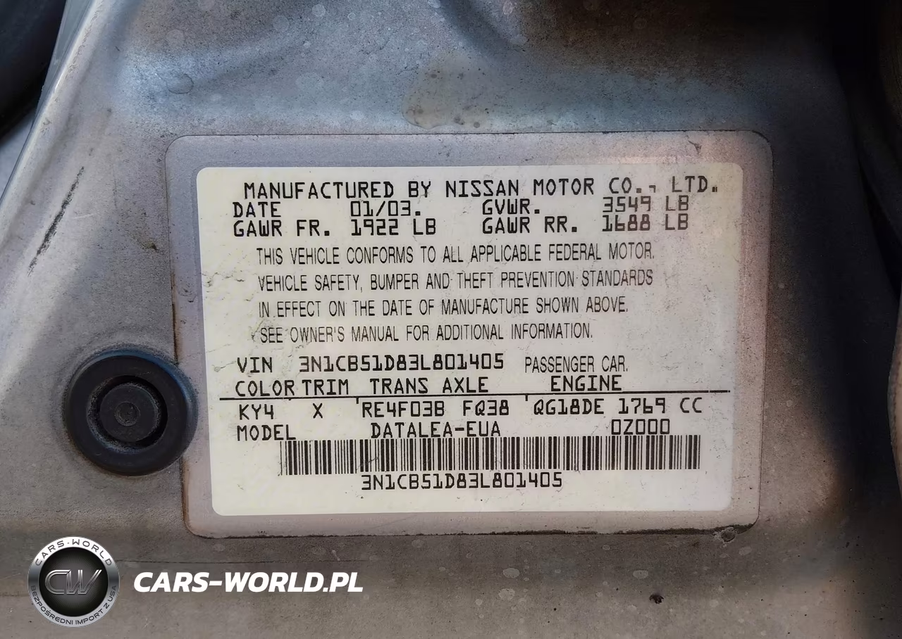 2003 Nissan Sentra Gxe VIN:3N1CB51D83L801405 - 9