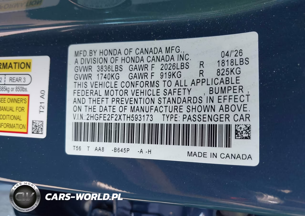 2026 Honda Civic Lx VIN:2HGFE2F2XTH593173 - 9