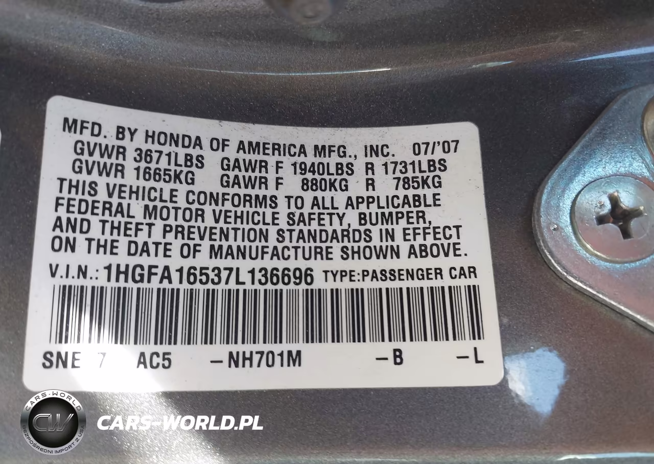 2007 Honda Civic Lx VIN:1HGFA16537L136696 - 9