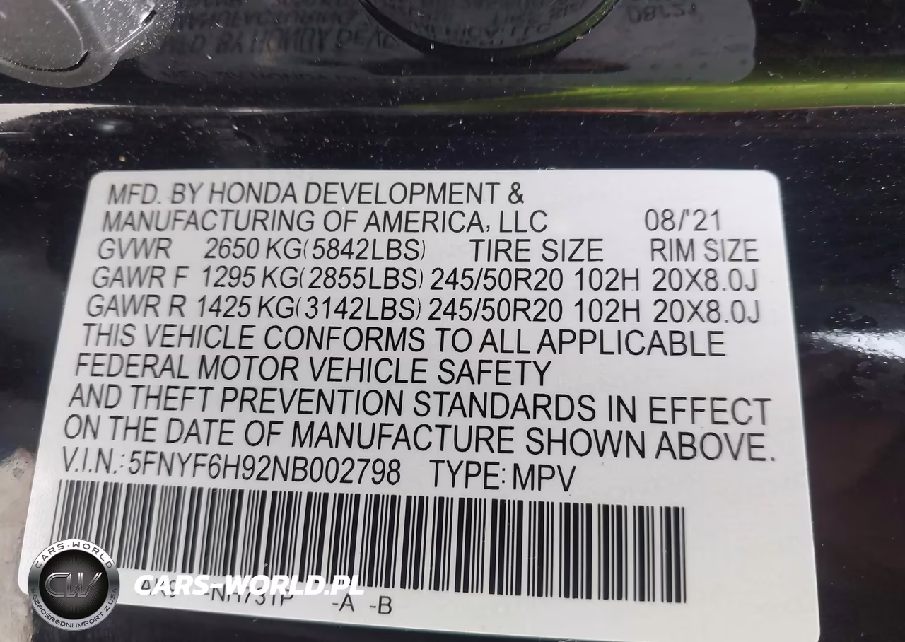 2022 Honda Pilot Awd Touring 8 Passenger VIN:5FNYF6H92NB002798 - 9
