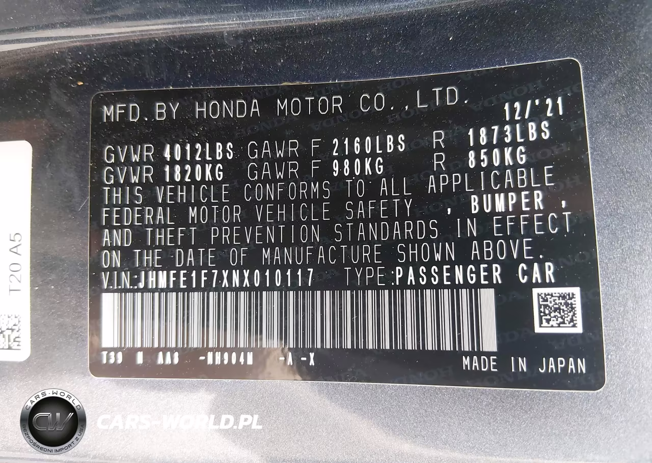 2022 Honda Civic Ex VIN:JHMFE1F7XNX010117 - 9