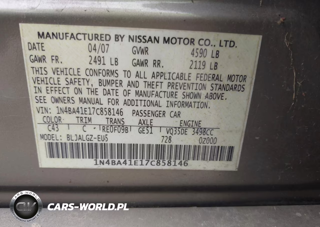 2007 Nissan Maxima 3.5 Sl VIN:1N4BA41E17C858146 - 9