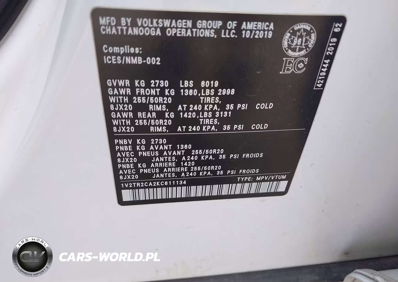 2019 Volkswagen Atlas 3.6L V6 Sel Premium VIN:1V2TR2CA2KC611134 - 9