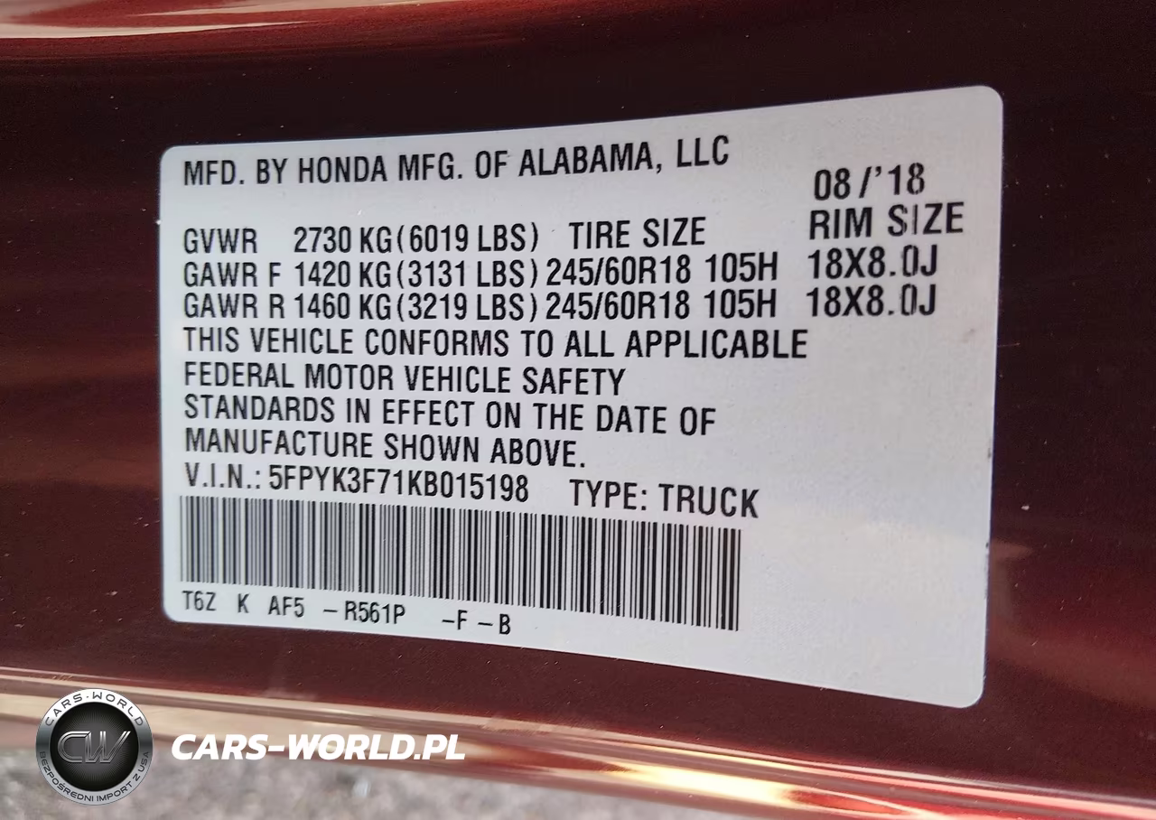2019 Honda Ridgeline Rtl-E VIN:5FPYK3F71KB015198 - 9