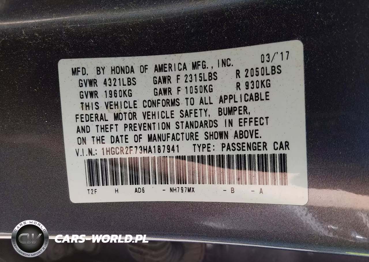 2017 Honda Accord Ex VIN:1HGCR2F73HA187941 - 9