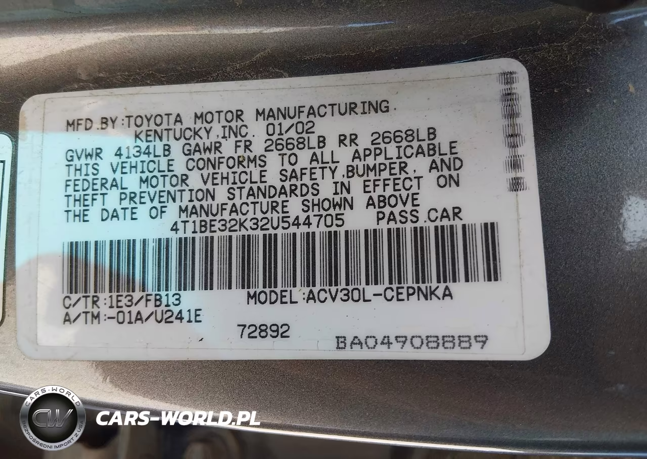 2002 Toyota Camry Le VIN:4T1BE32K32U544705 - 9