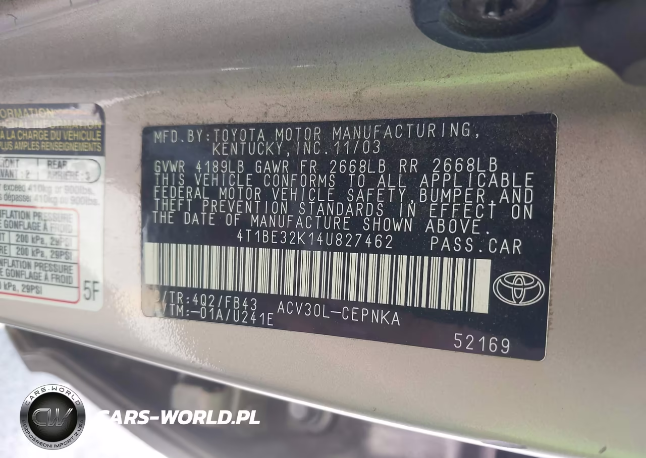 2004 Toyota Camry Le VIN:4T1BE32K14U827462 - 9