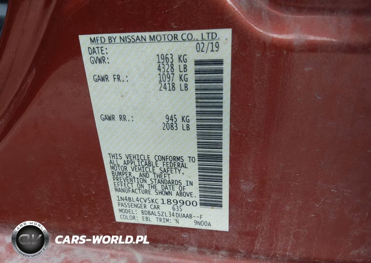 2019 Nissan Altima 2.5 Sr VIN:1N4BL4CV5KC189900 - 9
