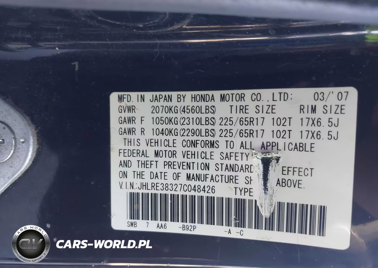 2007 Honda Cr-V Lx VIN:JHLRE38327C048426 - 9