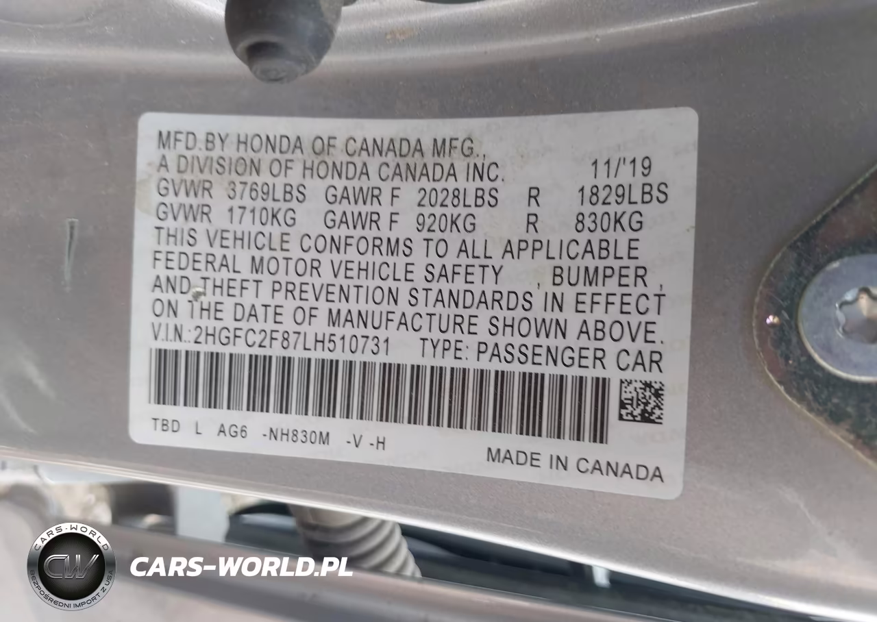2020 Honda Civic Sport VIN:2HGFC2F87LH510731 - 9