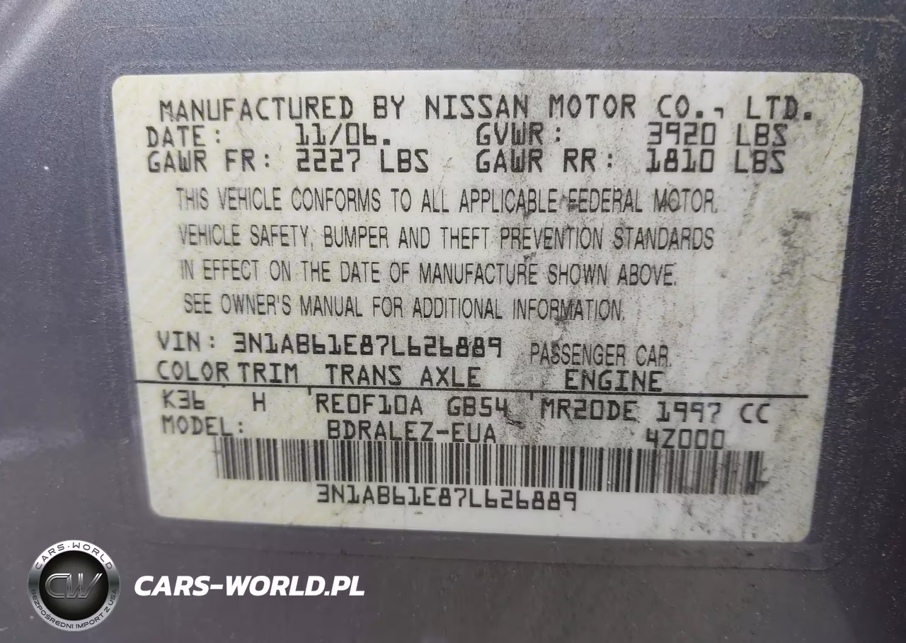 2007 Nissan Sentra 2.0S VIN:3N1AB61E87L626889 - 9