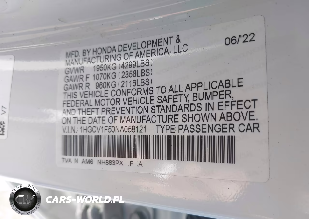 2022 Honda Accord Ex-L VIN:1HGCV1F50NA058121 - 9