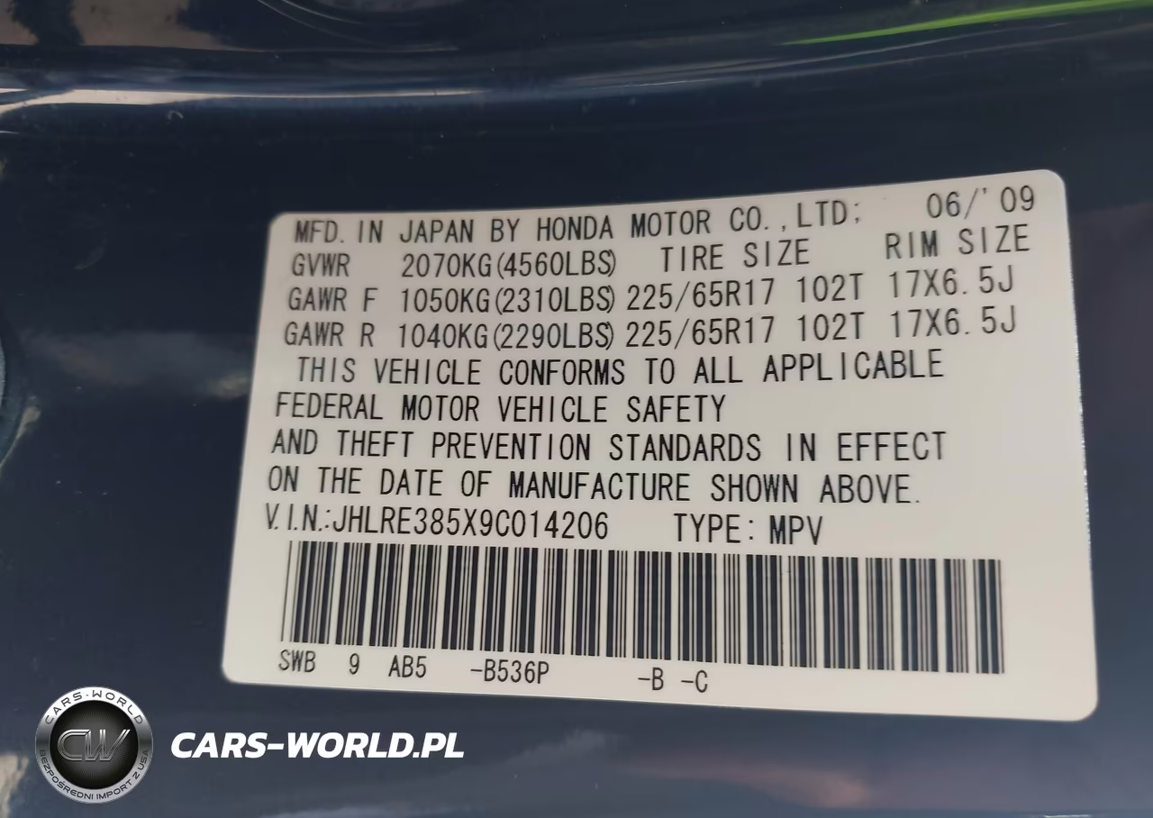2009 Honda Cr-V Ex VIN:JHLRE385X9C014206 - 9