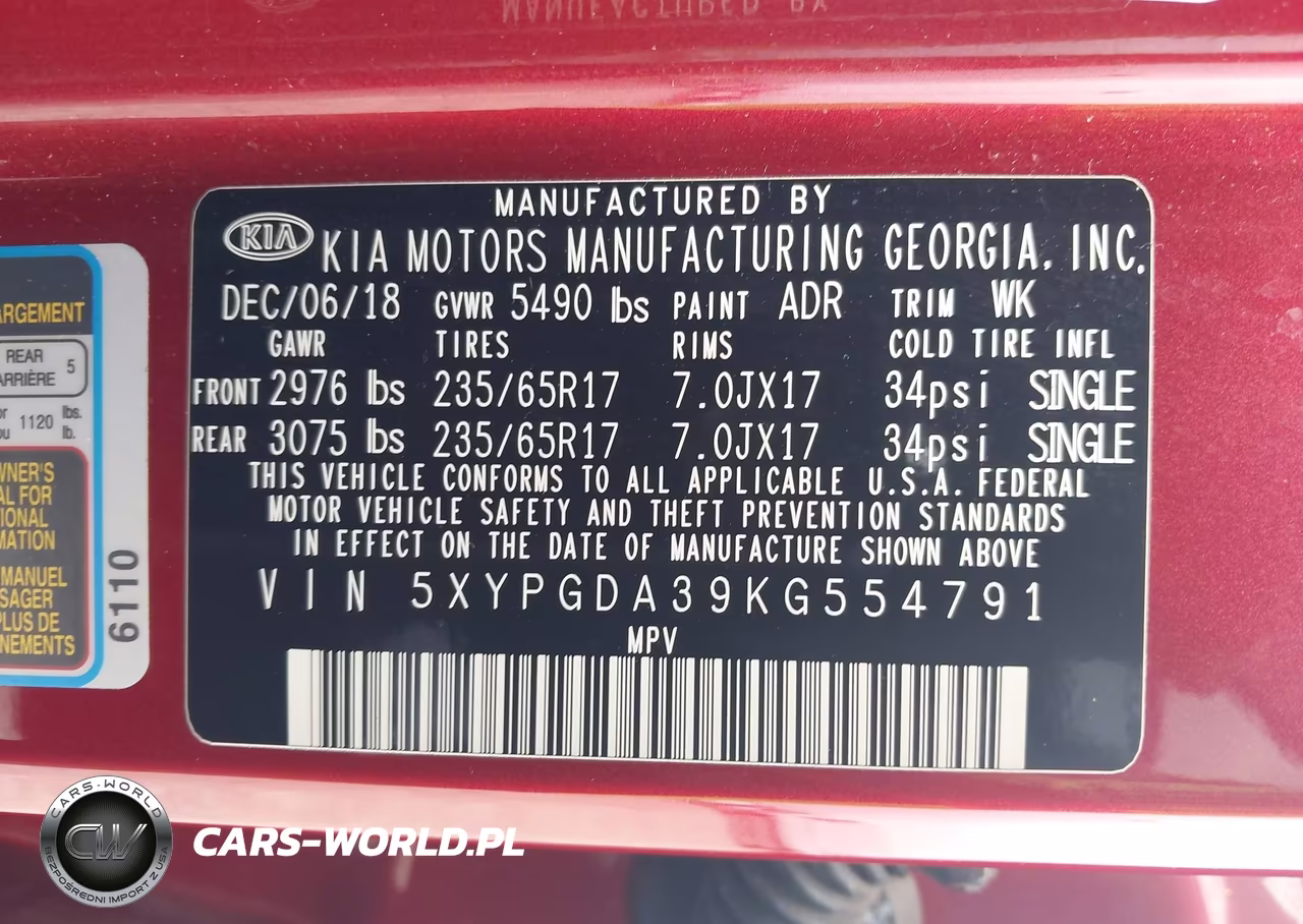 2019 Kia Sorento 2.4L Lx VIN:5XYPGDA39KG554791 - 9