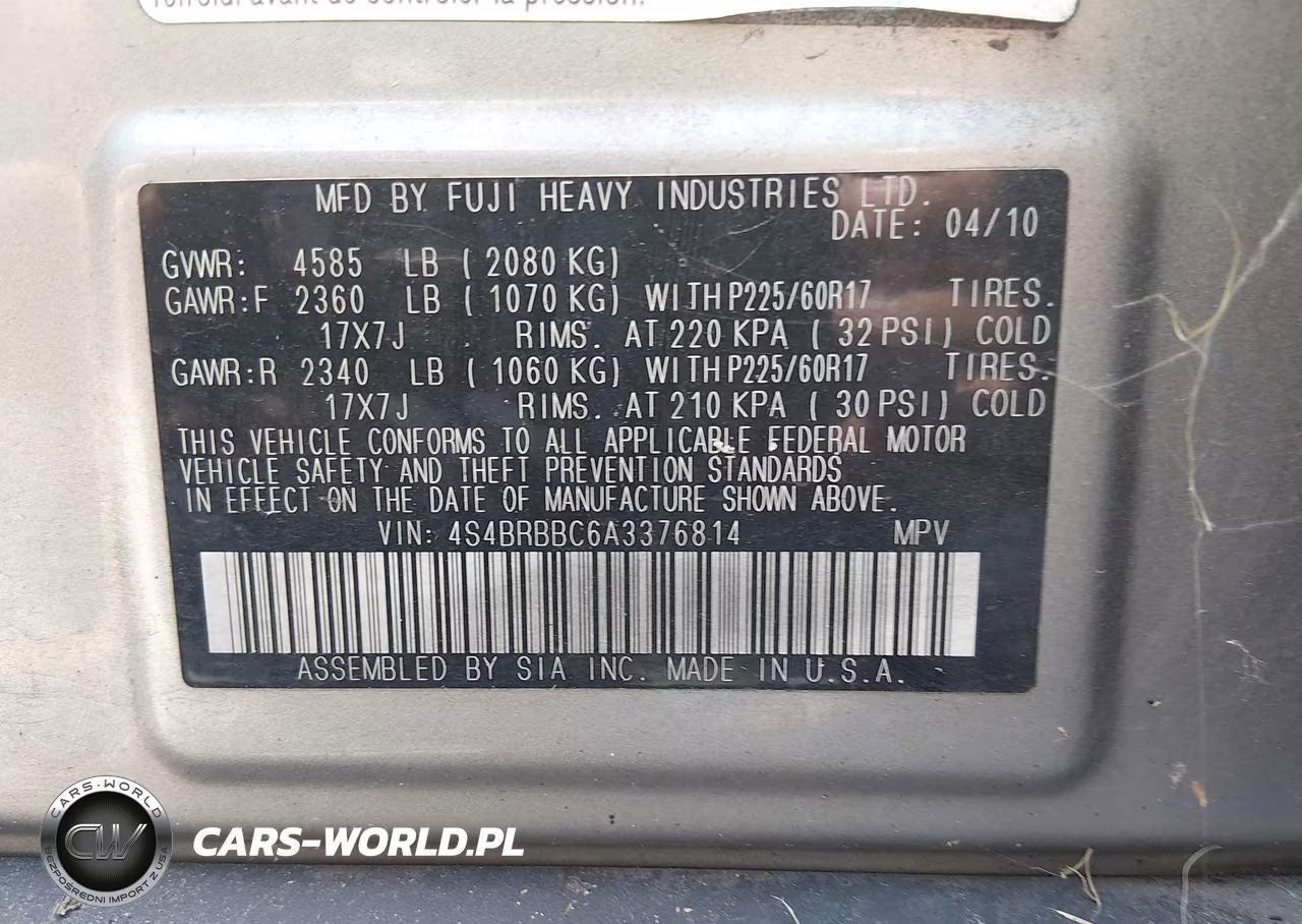 2010 Subaru Outback 2.5I Premium VIN:4S4BRBBC6A3376814 - 9