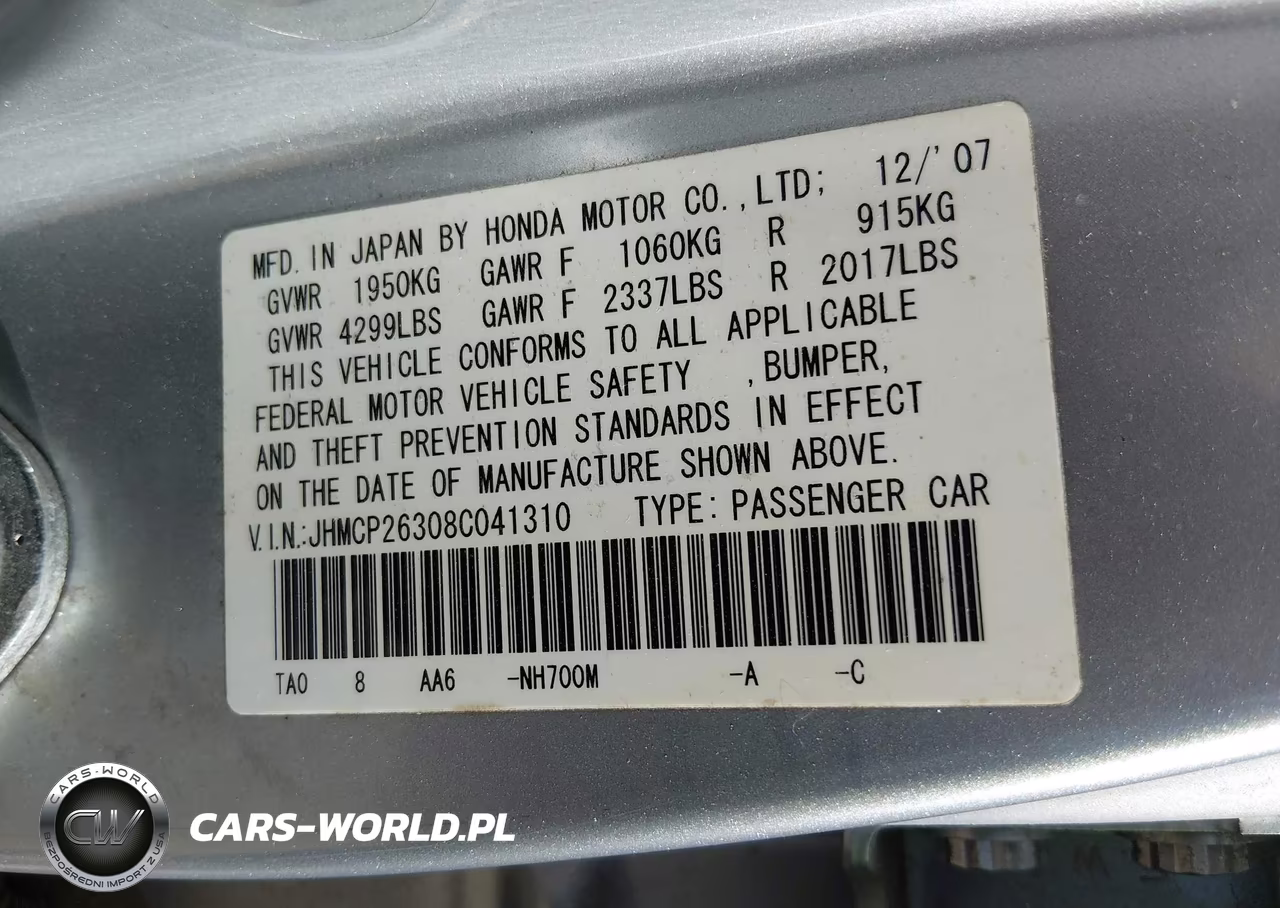 2008 Honda Accord 2.4 Lx VIN:JHMCP26308C041310 - 9