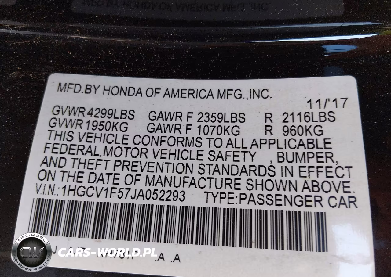 2018 Honda Accord Ex-L VIN:1HGCV1F57JA052293 - 9