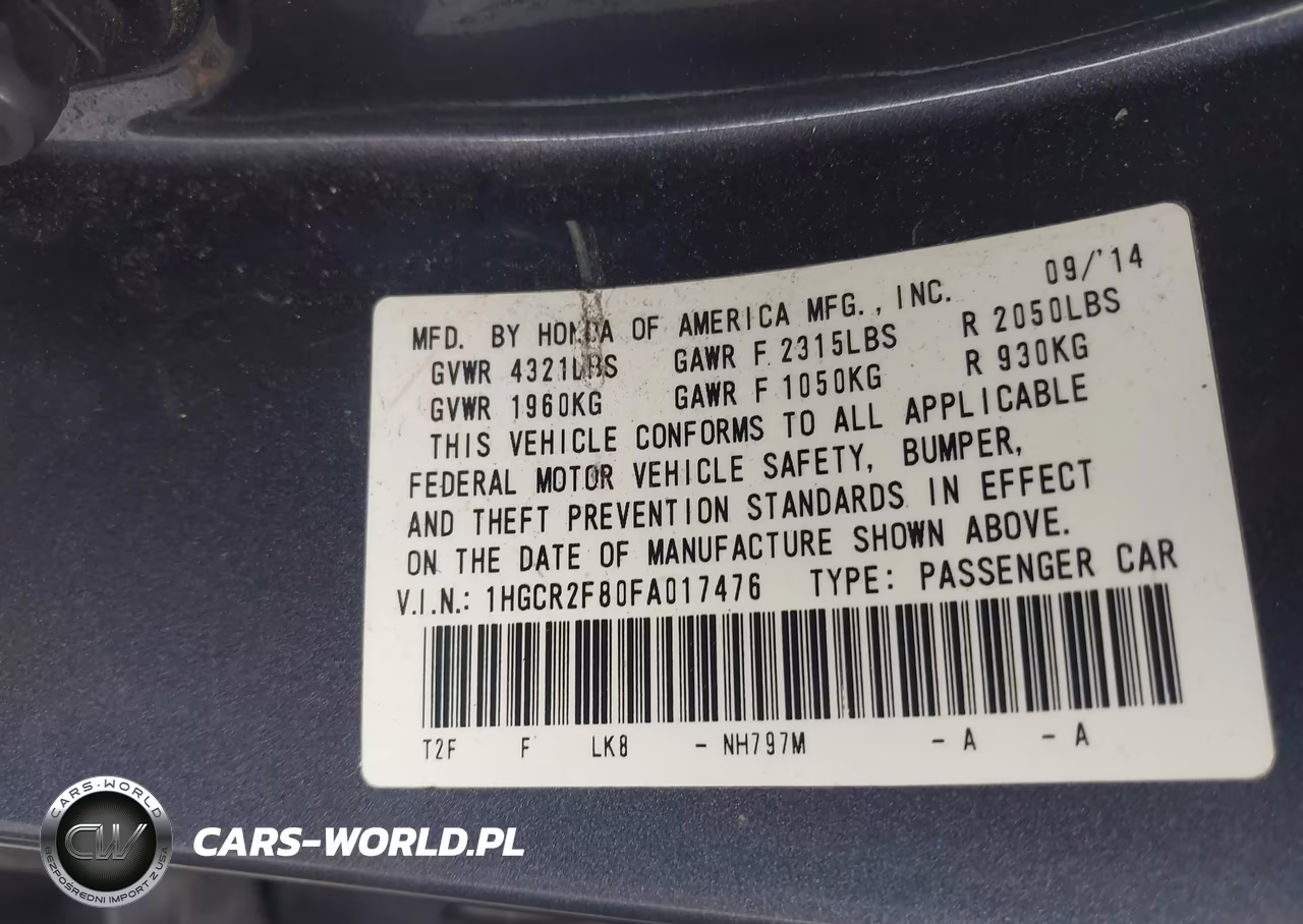 2015 Honda Accord Ex-L VIN:1HGCR2F80FA017476 - 9