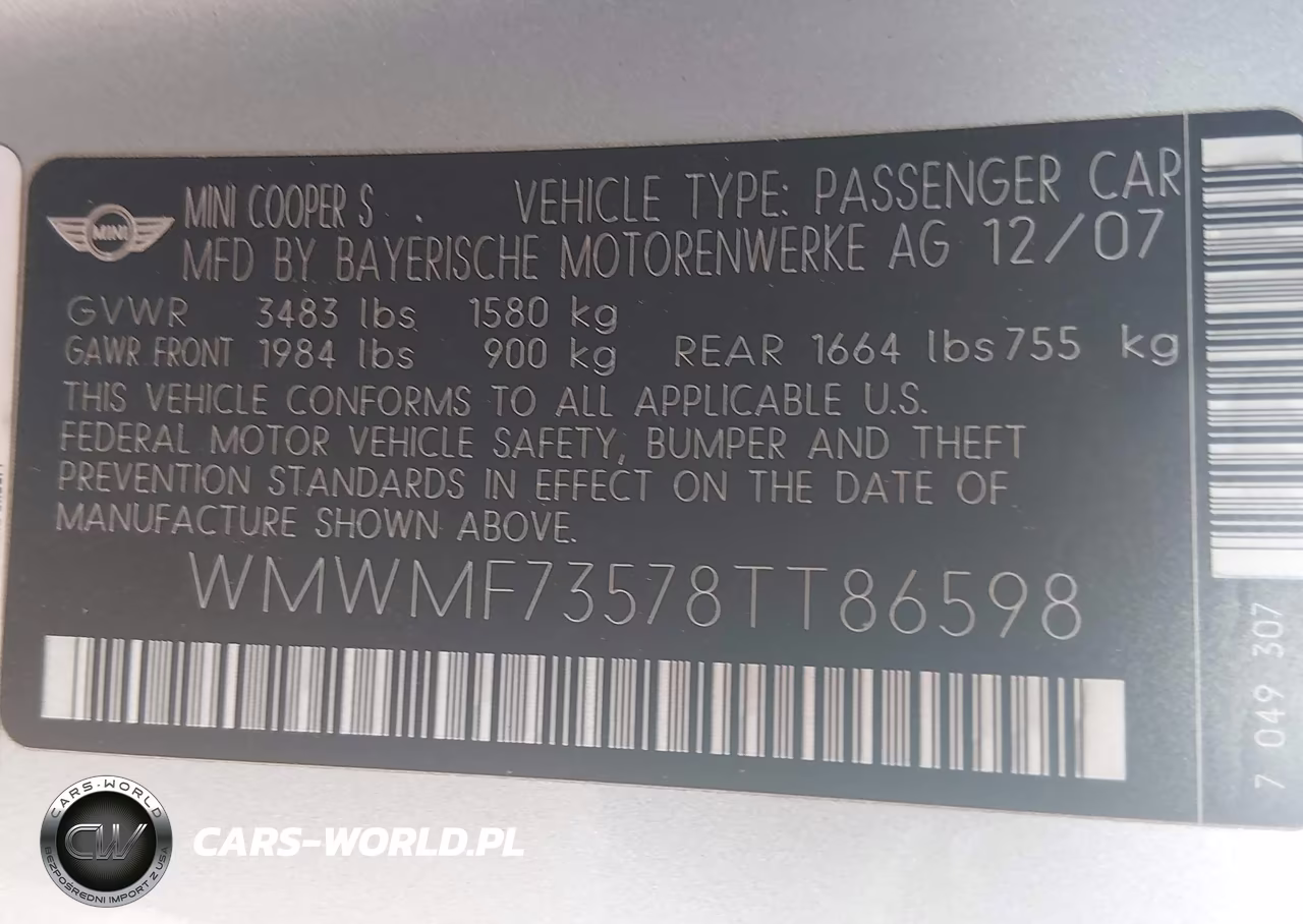 2008 Mini Cooper S VIN:WMWMF73578TT86598 - 9