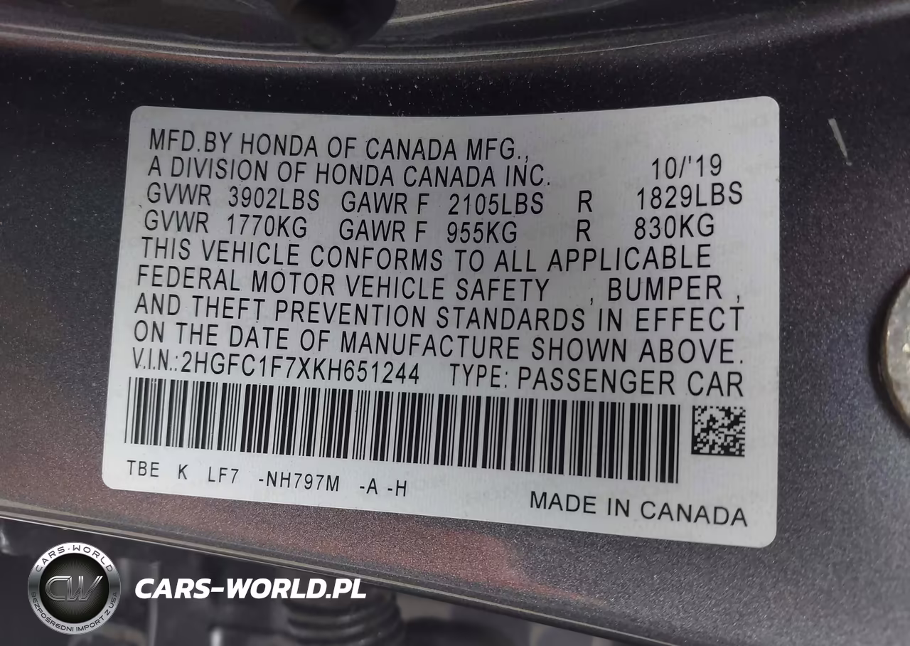 2019 Honda Civic Ex-L VIN:2HGFC1F7XKH651244 - 9