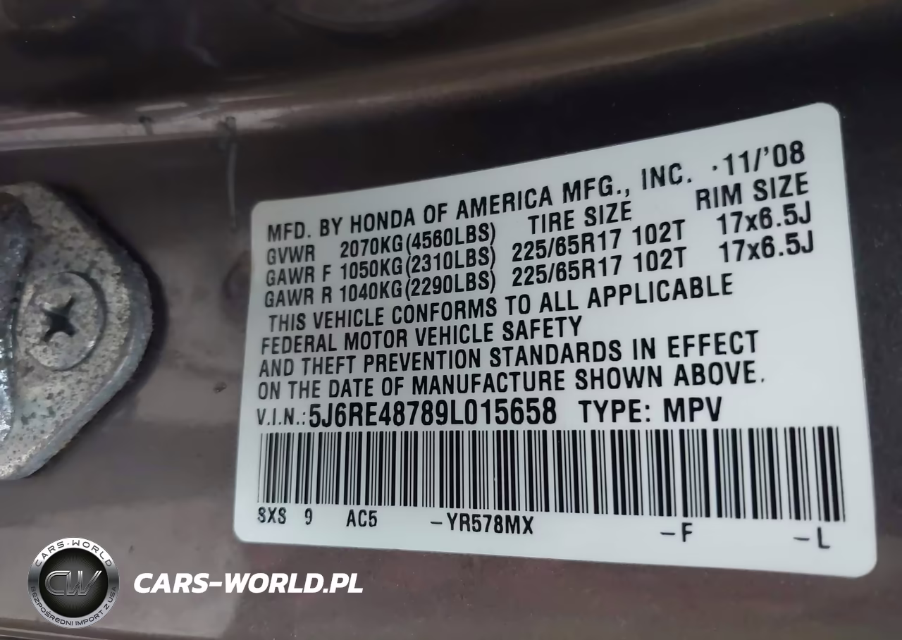 2009 Honda Cr-V Ex-L VIN:5J6RE48789L015658 - 9