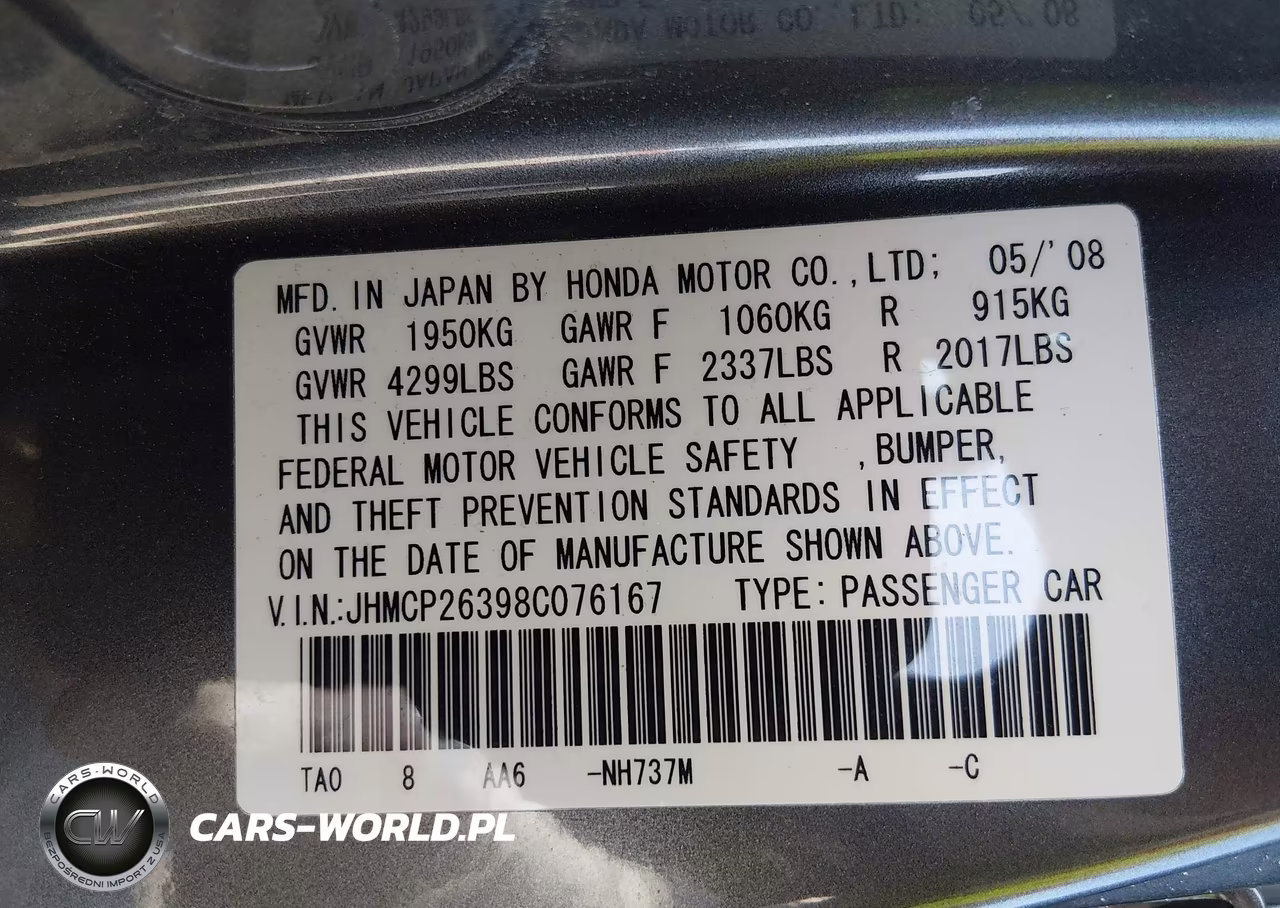 2008 Honda Accord 2.4 Lx VIN:JHMCP26398C076167 - 9