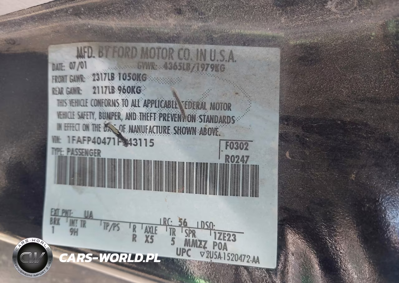 2001 Ford Mustang VIN:1FAFP40471F243115 - 9