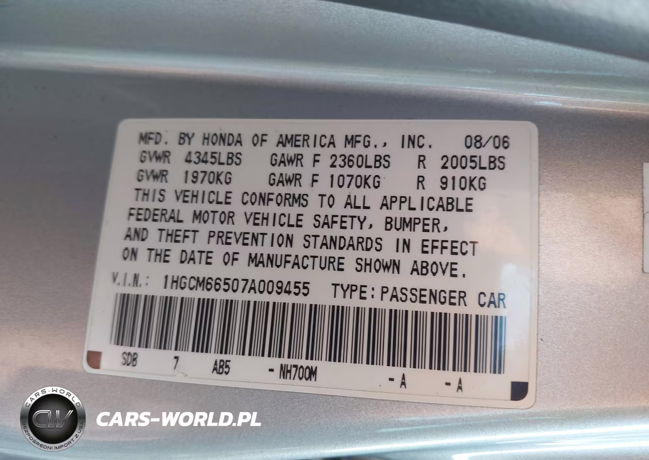 2007 Honda Accord 3.0 Ex VIN:1HGCM66507A009455 - 9