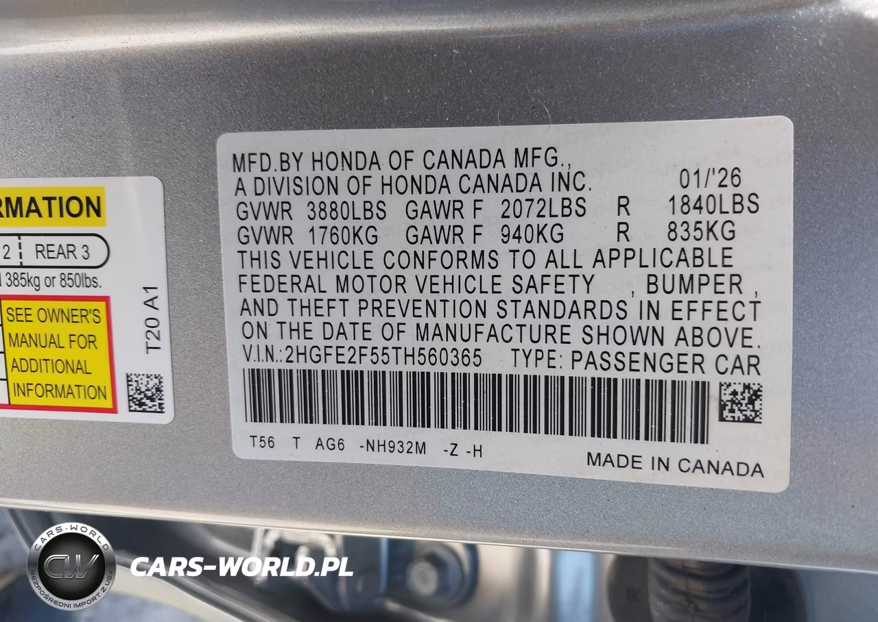 2026 Honda Civic Sport VIN:2HGFE2F55TH560365 - 9