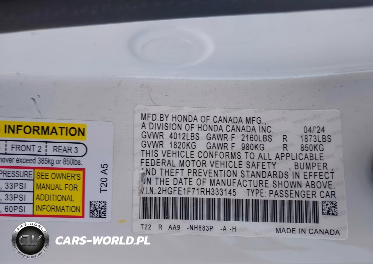 2024 Honda Civic Ex VIN:2HGFE1F71RH333145 - 9