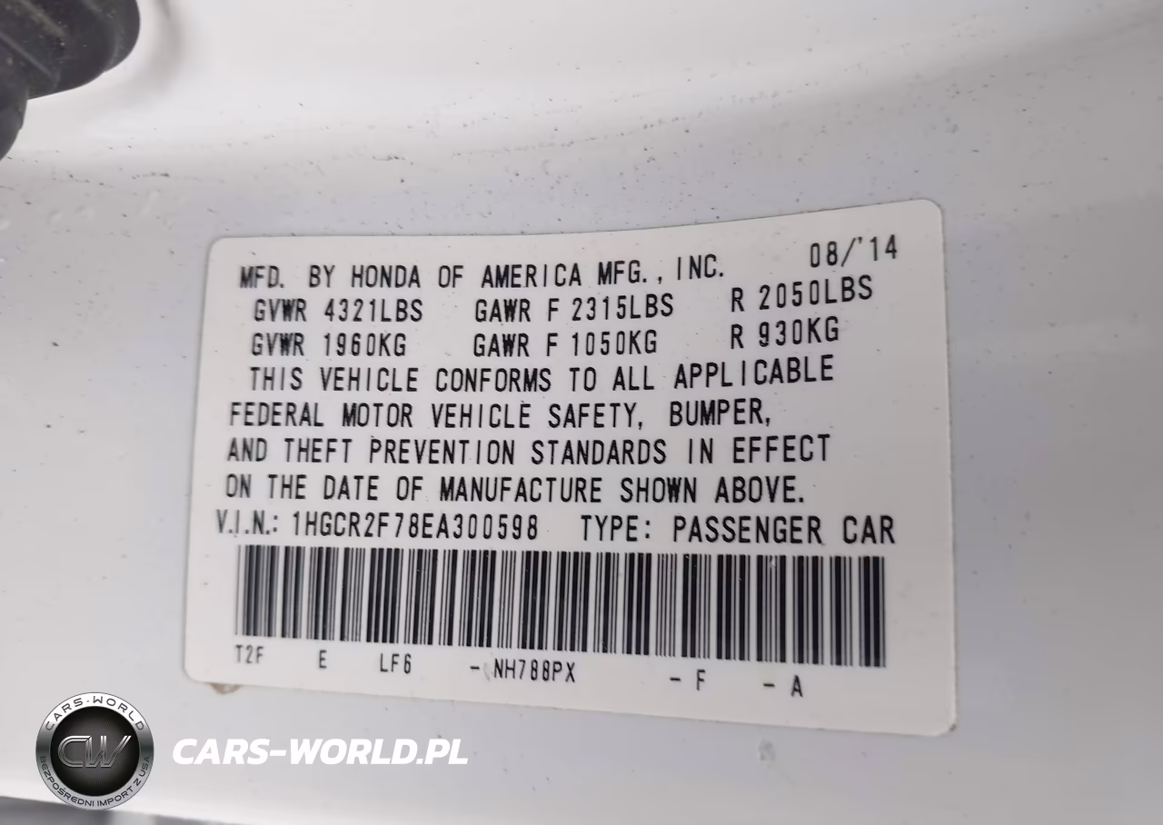 2014 Honda Accord Ex VIN:1HGCR2F78EA300598 - 9
