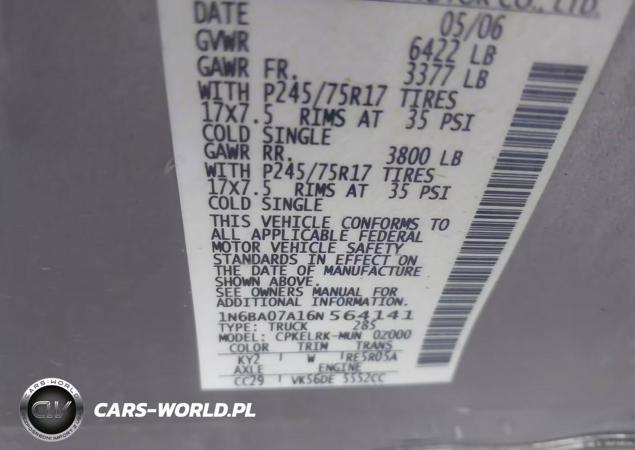 2006 Nissan Titan Xe VIN:1N6BA07A16N564141 - 9