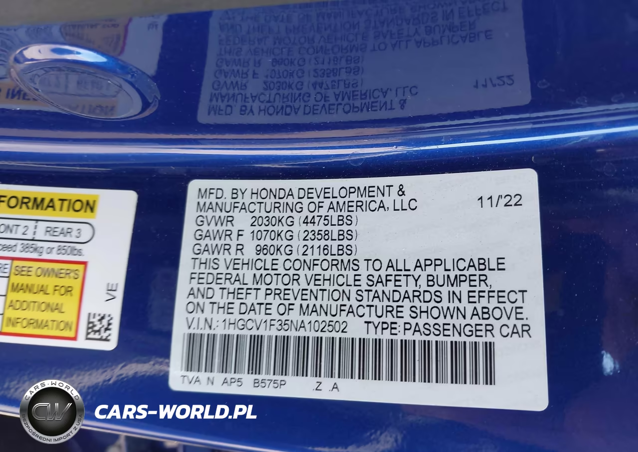 2022 Honda Accord Sport VIN:1HGCV1F35NA102502 - 9