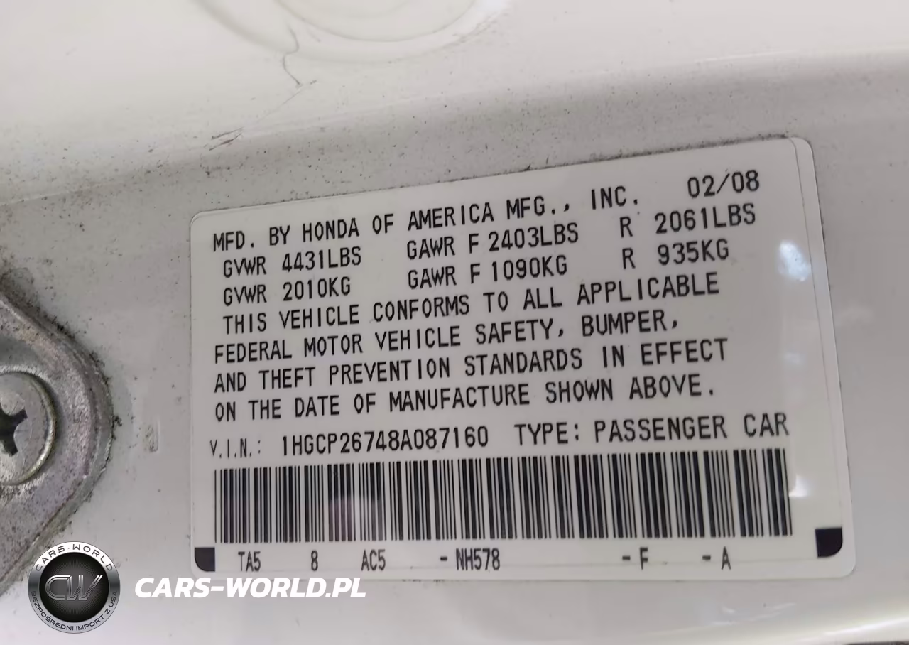 2008 Honda Accord 2.4 Ex VIN:1HGCP26748A087160 - 9