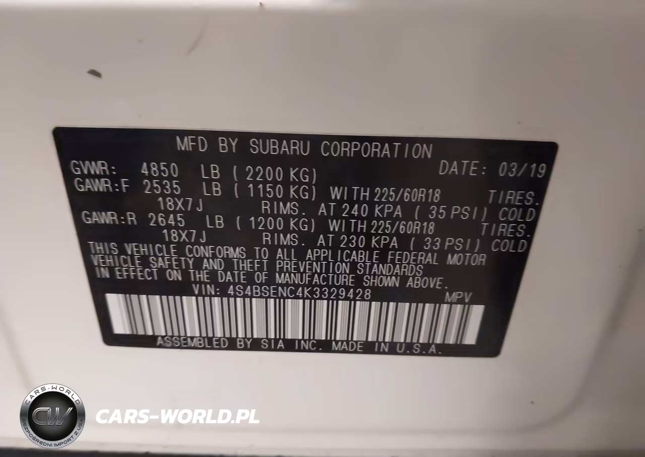 2019 Subaru Outback 3.6R Limited VIN:4S4BSENC4K3329428 - 9