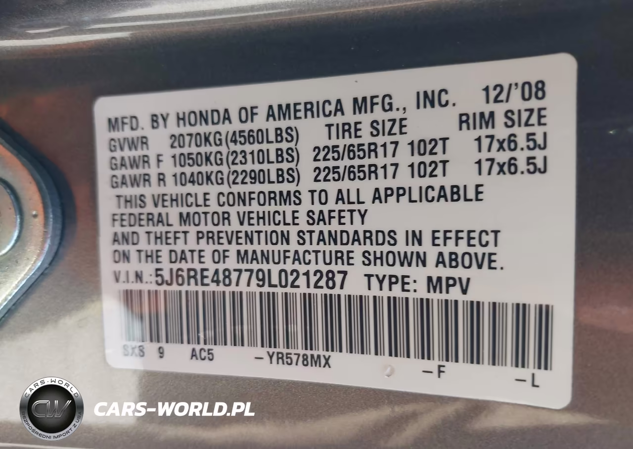 2009 Honda Cr-V Ex-L VIN:5J6RE48779L021287 - 9