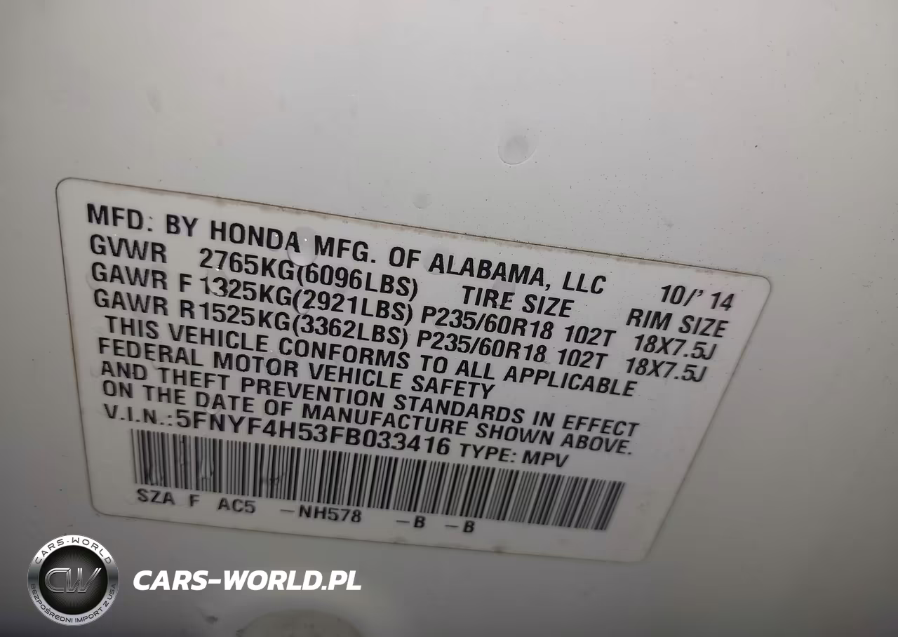 2015 Honda Pilot Ex-L VIN:5FNYF4H53FB033416 - 8