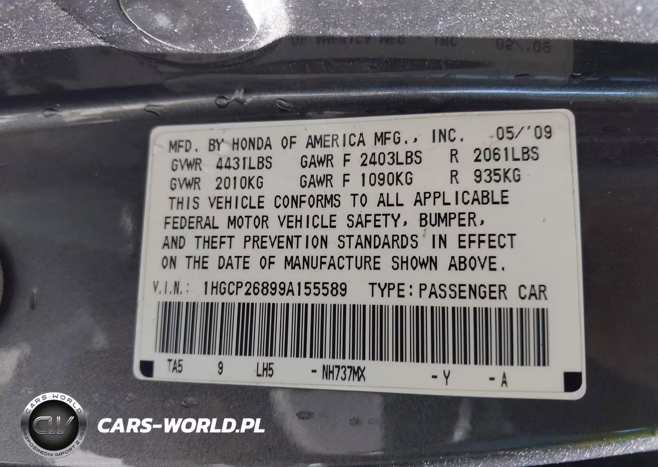 2009 Honda Accord 2.4 Ex-L VIN:1HGCP26899A155589 - 9