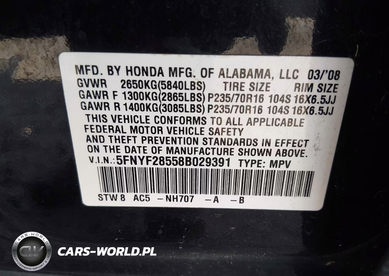 2008 Honda Pilot Ex-L VIN:5FNYF28558B029391 - 9