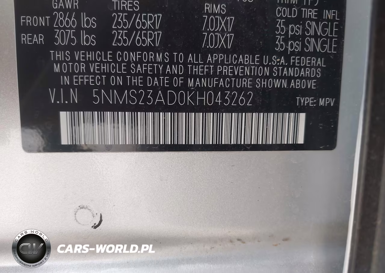 2019 Hyundai Santa Fe Se VIN:5NMS23AD0KH043262 - 9