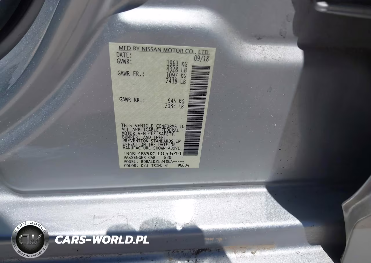 2019 Nissan Altima 2.5 S VIN:1N4BL4BV9KC105644 - 9