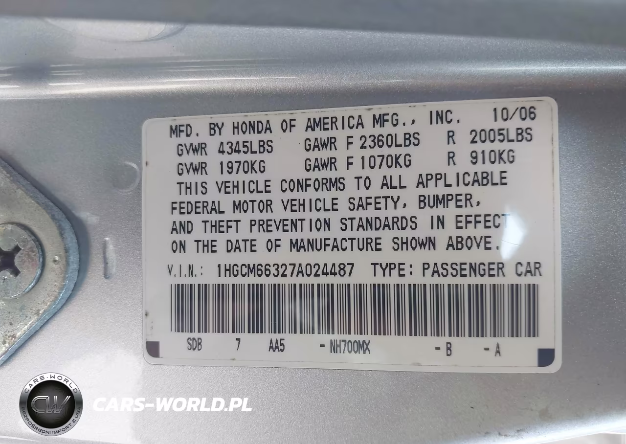 2007 Honda Accord 3.0 Lx VIN:1HGCM66327A024487 - 9