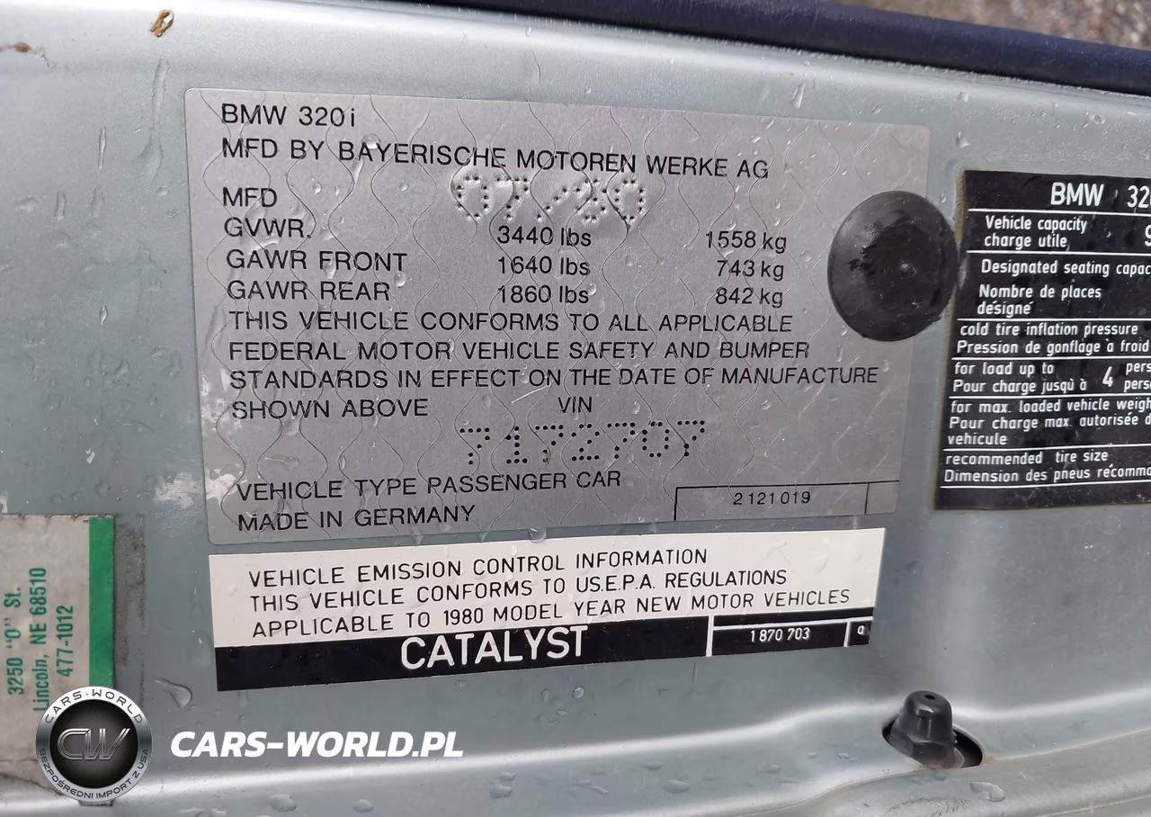 1980 BMW 320I VIN:7172707 - 9