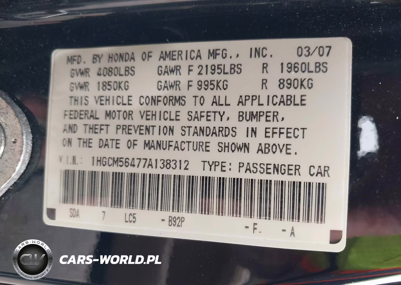 2007 Honda Accord 2.4 Lx VIN:1HGCM56477A138312 - 9