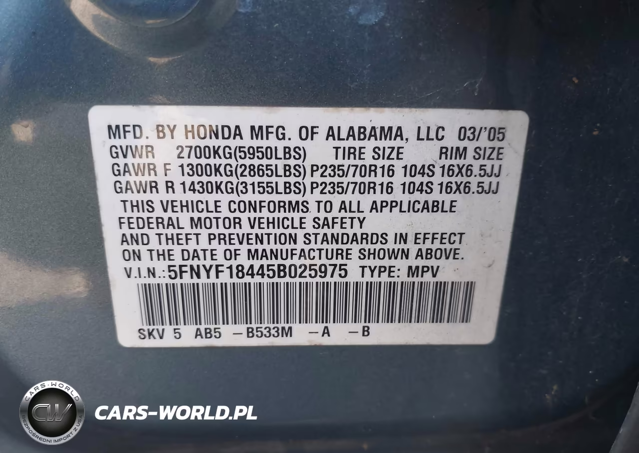 2005 Honda Pilot Ex VIN:5FNYF18445B025975 - 9