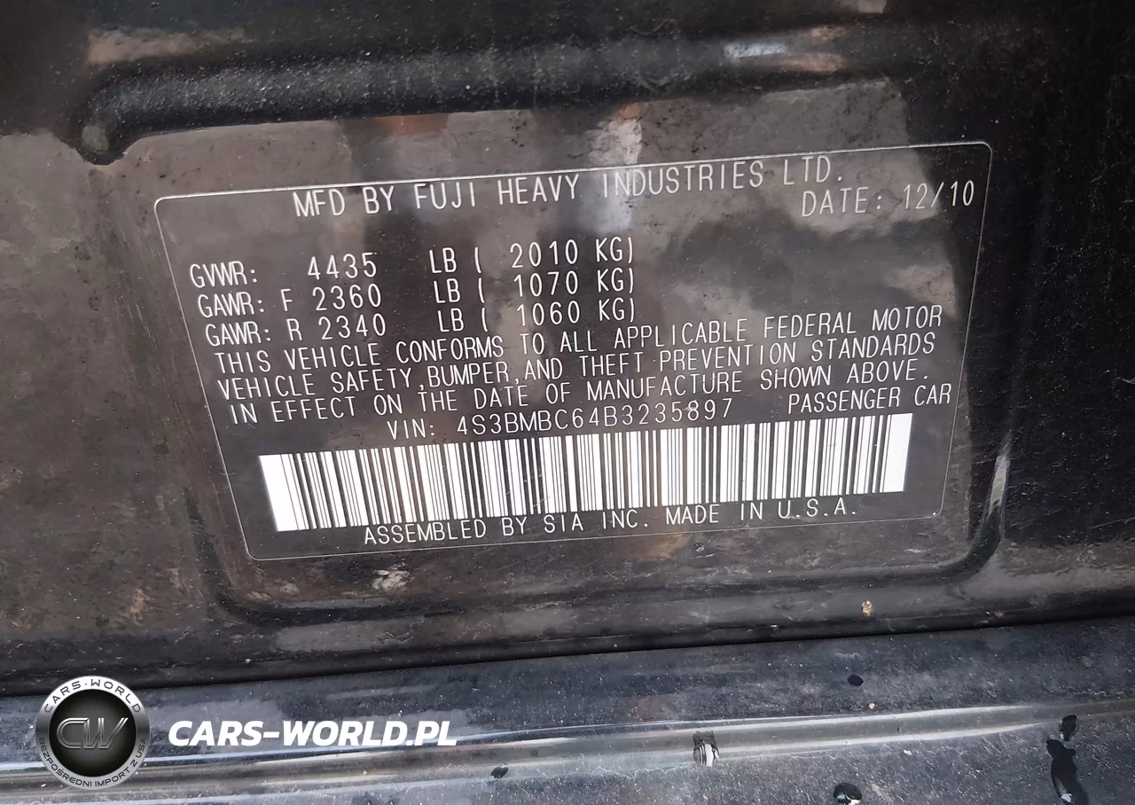2011 SUBARU LEGACY 2.5I PREMIUM VIN:4S3BMBC64B3235897 - 9