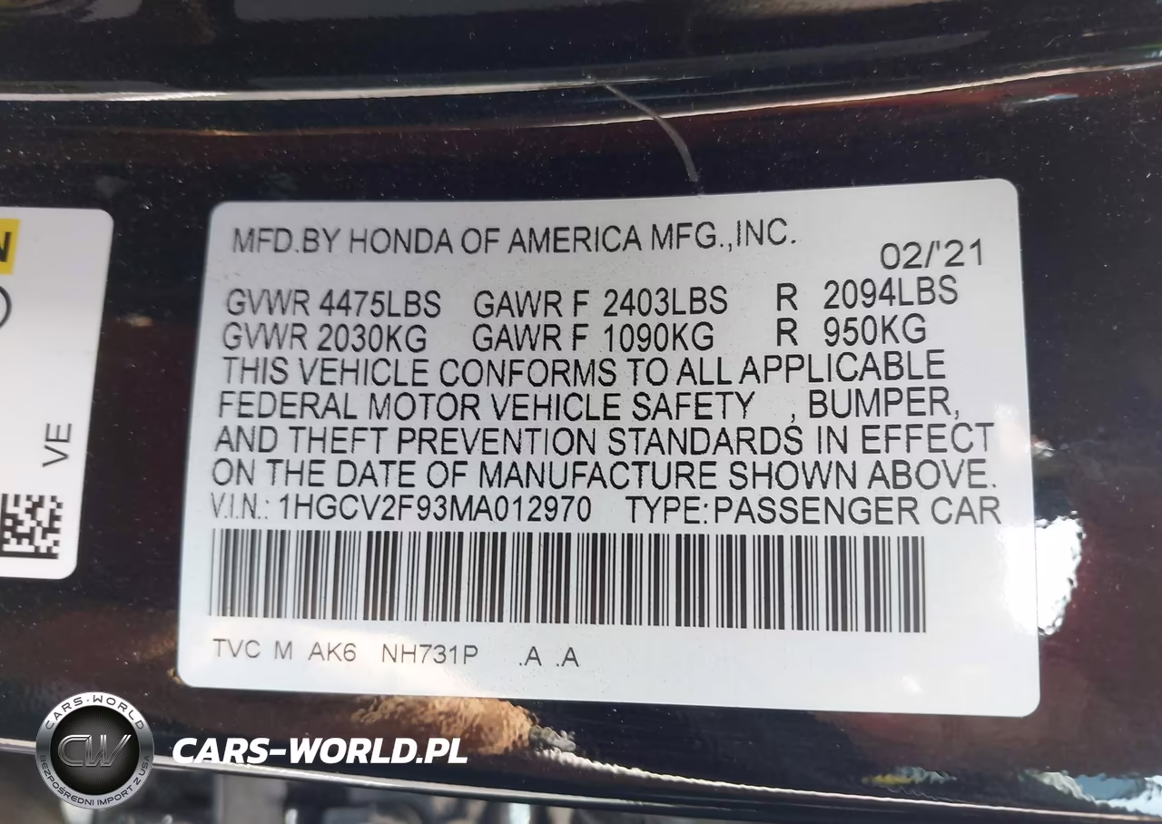 2021 Honda Accord Touring VIN:1HGCV2F93MA012970 - 9