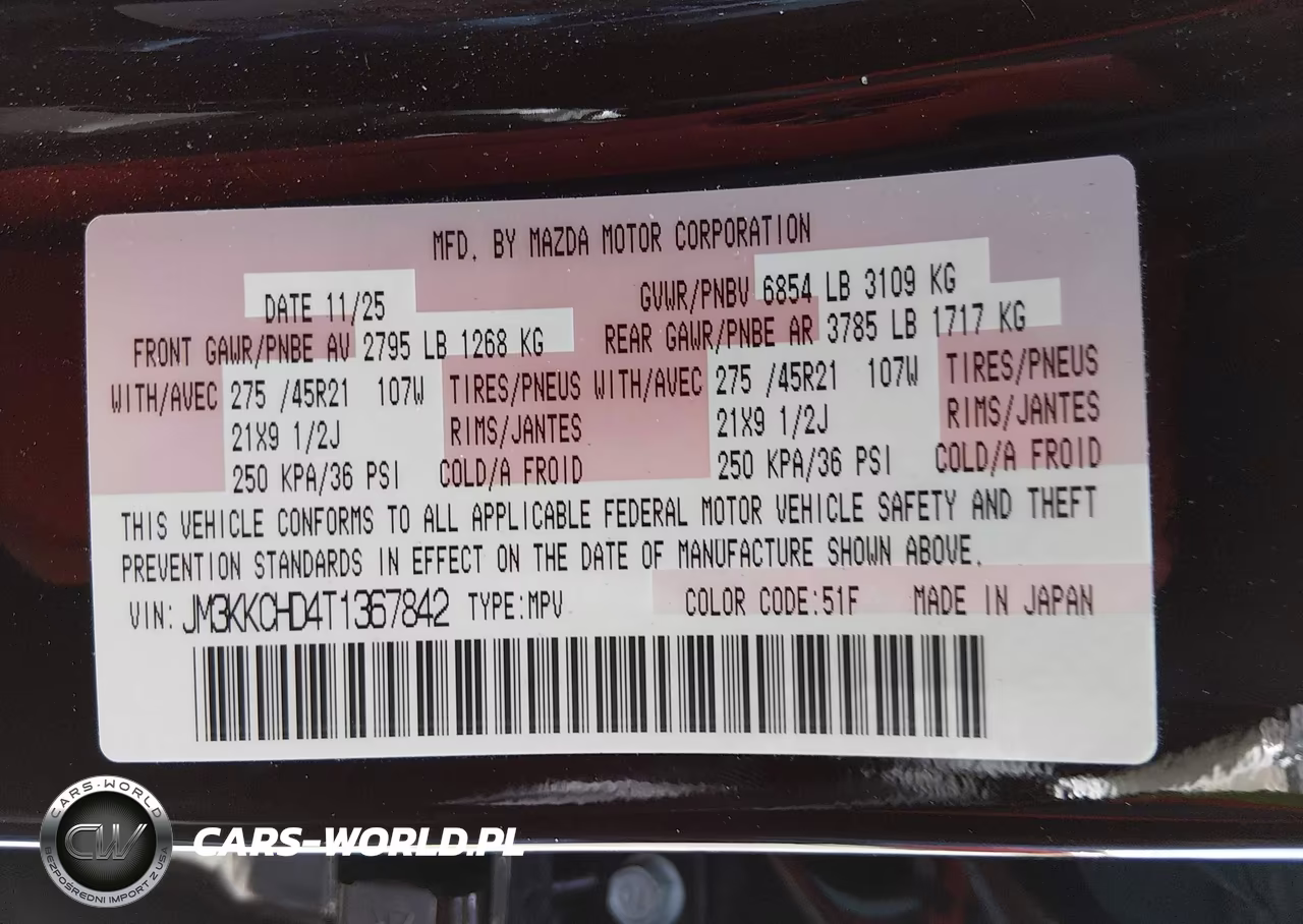2026 Mazda Cx-90 3.3 Turbo Premium Sport VIN:JM3KKCHD4T1367842 - 9